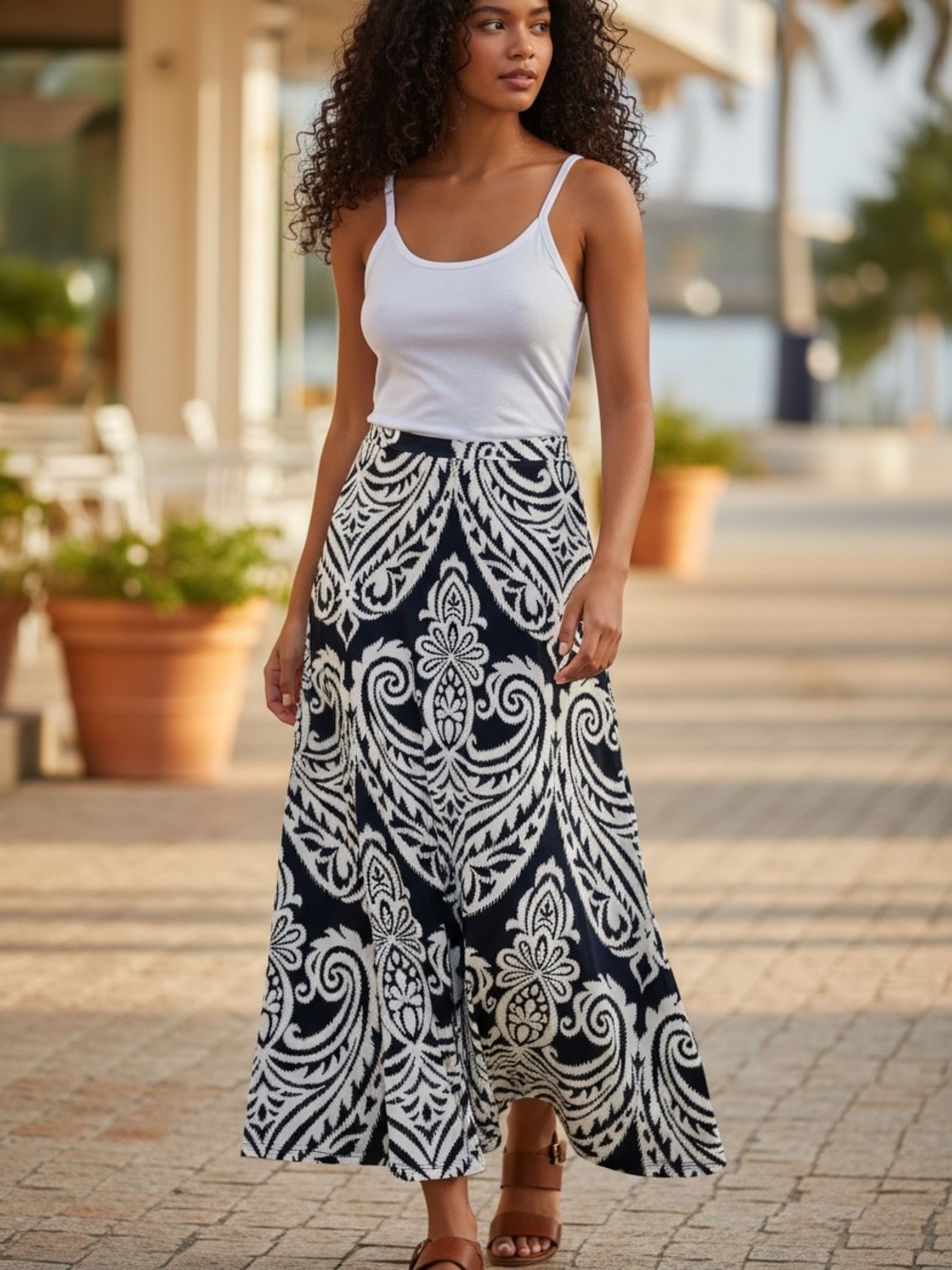 INC International Concepts Black and White Maxi Skirt with Paisley Print